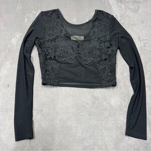 Basil & mint Elegant Black Lace floral embroidery mesh Long Sleeve Top women’s S